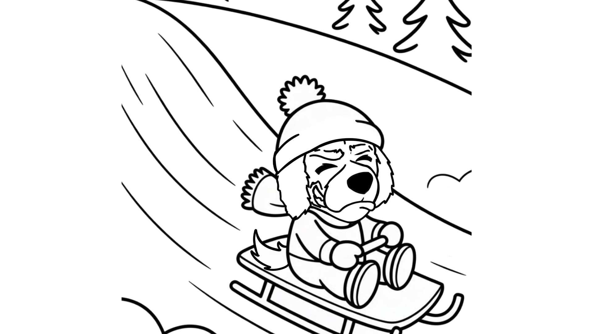 Coloring page of Blazer sledding down a snowy hill