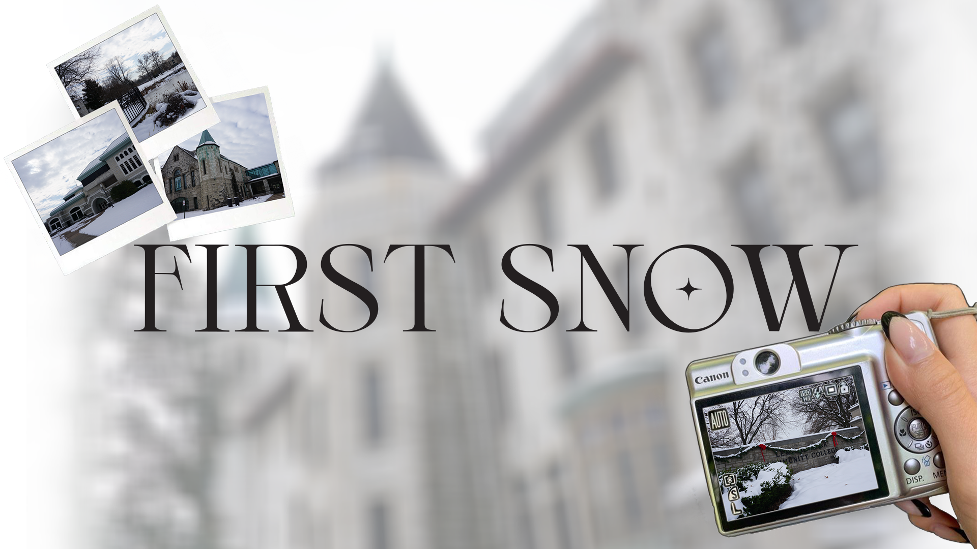 Graphic with multiple images of the first snow on campus this semester.