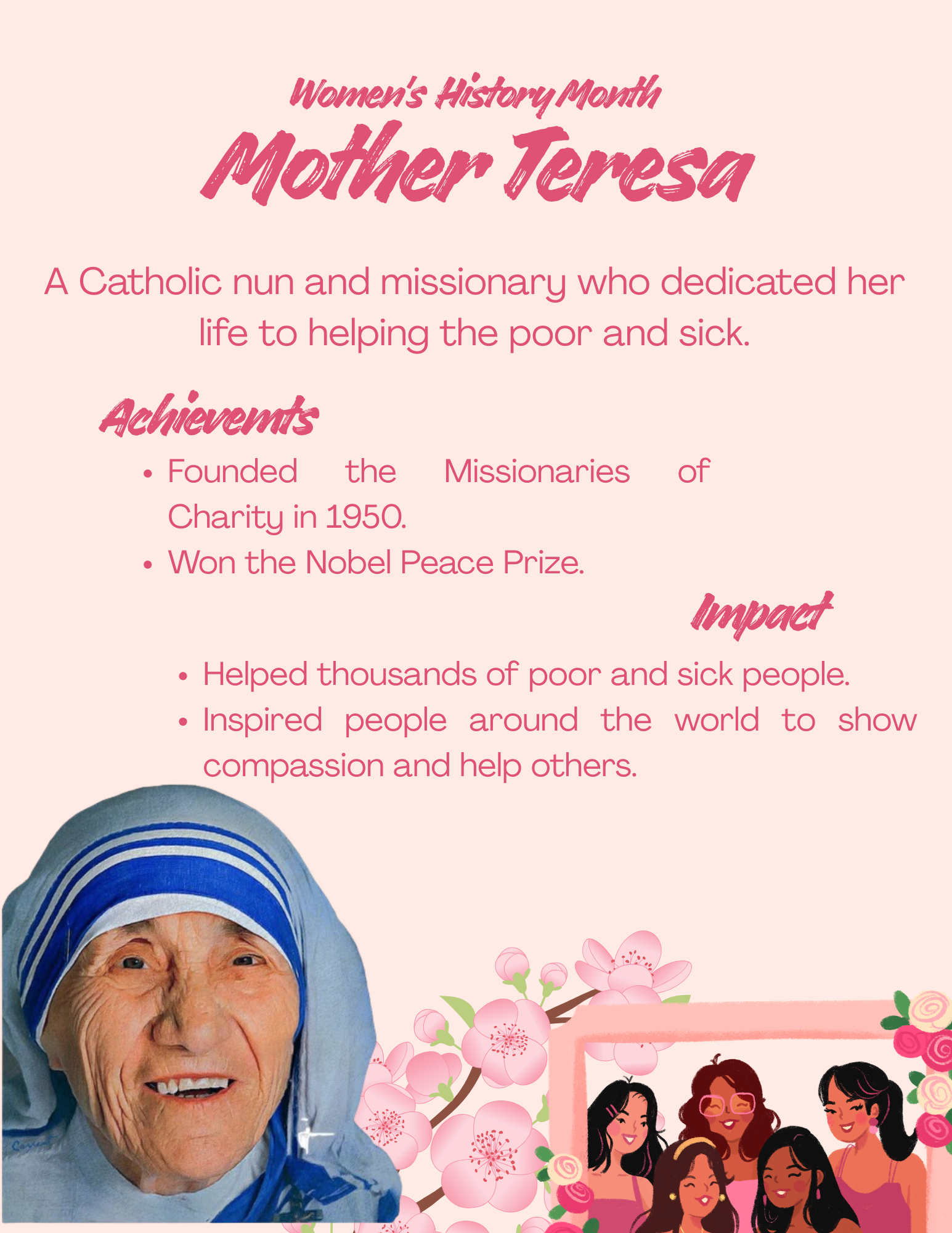 Infographic highlighting Mother Teresa for Women's History Month, featuring her biography, achievements, and impact.