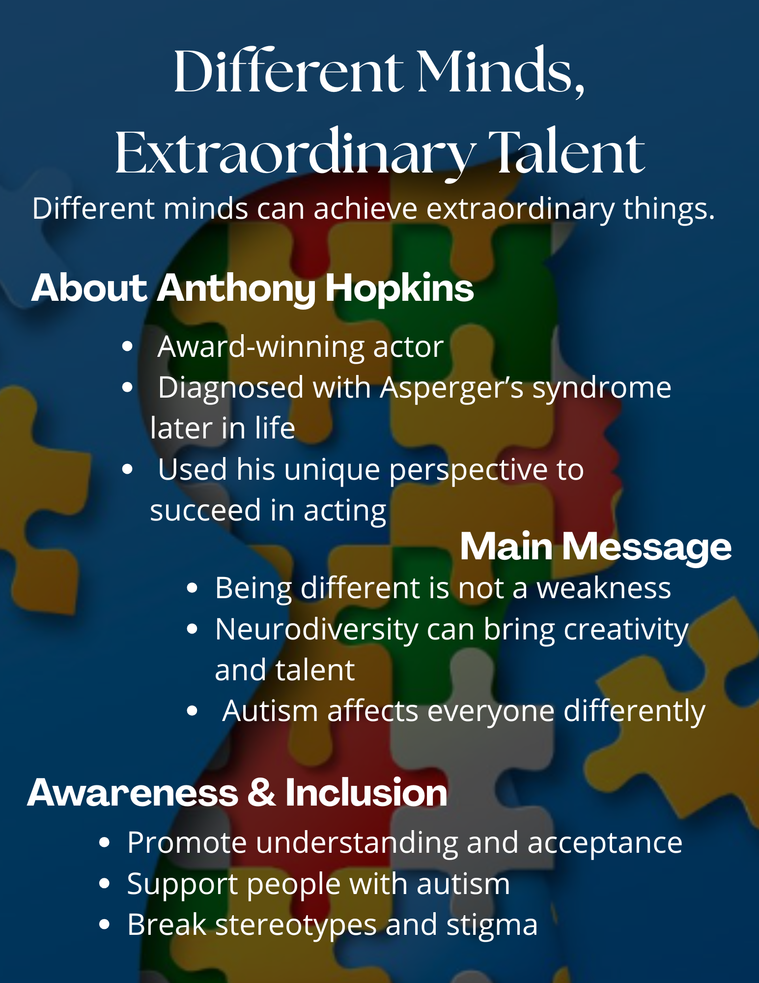 A graphic titled "Different Minds, Extraordinary Talent" on a blue background with a colorful puzzle piece pattern. It highlights award-winning actor Anthony Hopkins, diagnosed with Asperger’s later in life who used his unique perspective to succeed.