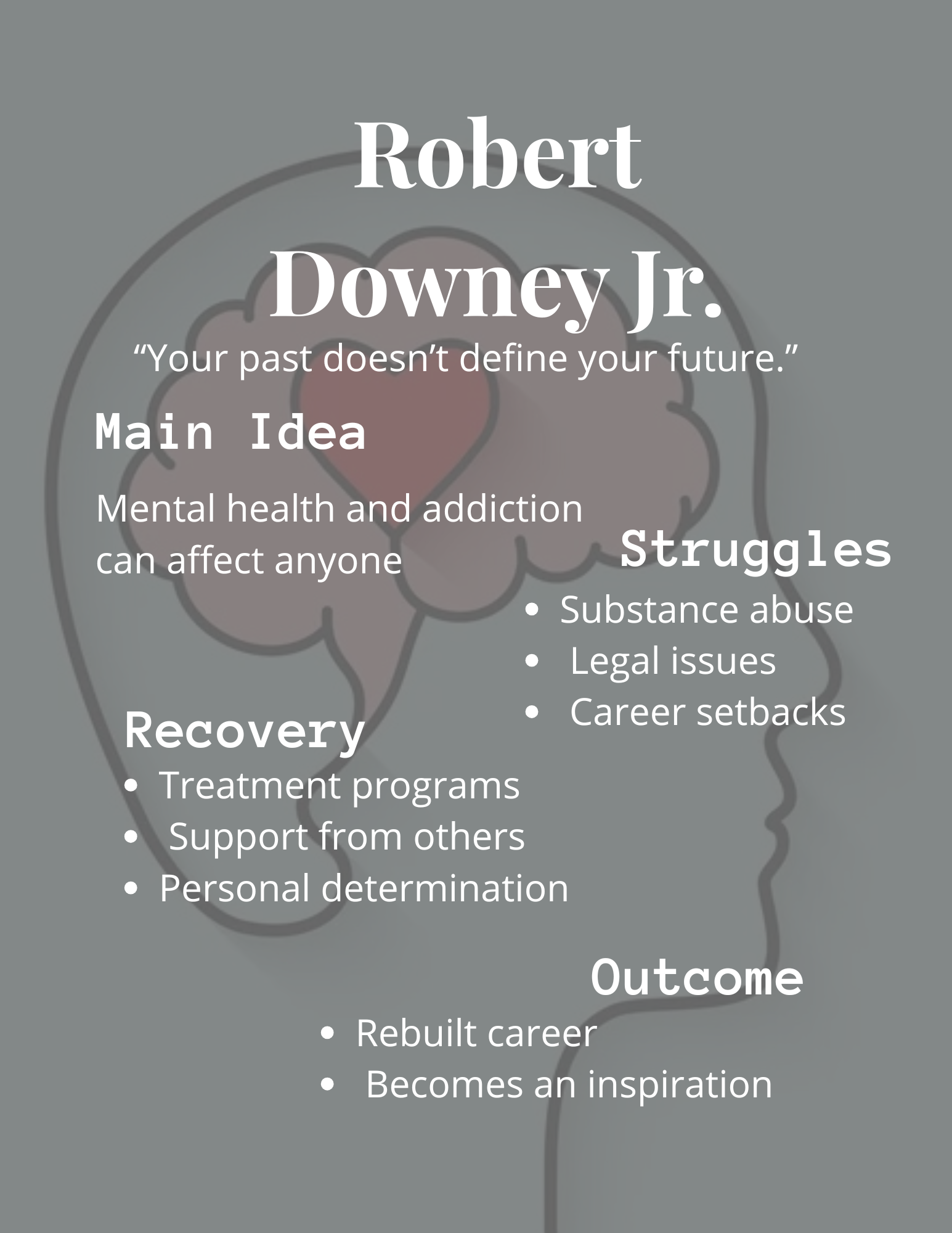 An informational graphic titled "Robert Downey Jr." on a gray background with a faint brain and heart outline. The text includes the quote: "Your past doesn’t define your future."