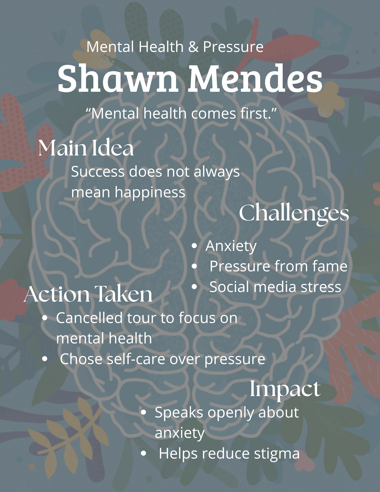 A mental health awareness graphic for "Shawn Mendes" on a muted teal background with a floral brain silhouette. It includes the quote: “Mental health comes first.”