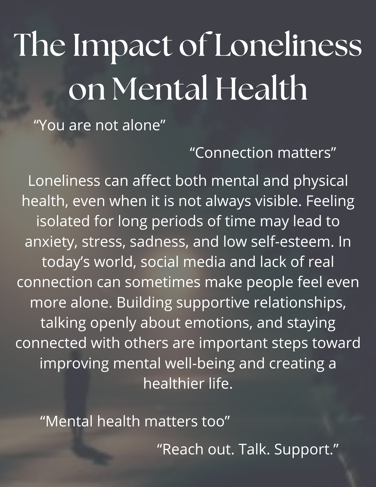 A graphic titled "The Impact of Loneliness on Mental Health" set against a blurred outdoor background. The text explains that loneliness affects both mental and physical health, potentially leading to anxiety and low self-esteem. It emphasizes building supportive relationships and talking openly as key steps for well-being. Featured quotes include: "You are not alone," "Connection matters," "Mental health matters too," and "Reach out. Talk. Support."