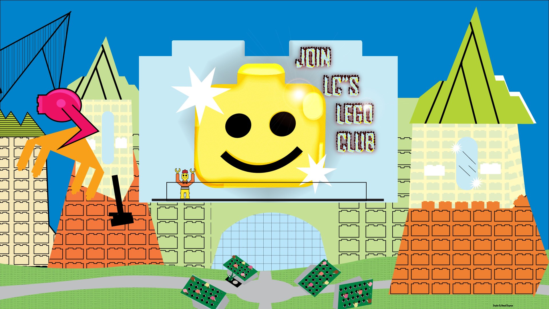 A colorful graphic featuring a large, smiling yellow Lego head above the text "Join LC's Lego Club," set against a backdrop of cartoon-style Lego-built towers and landscapes.
