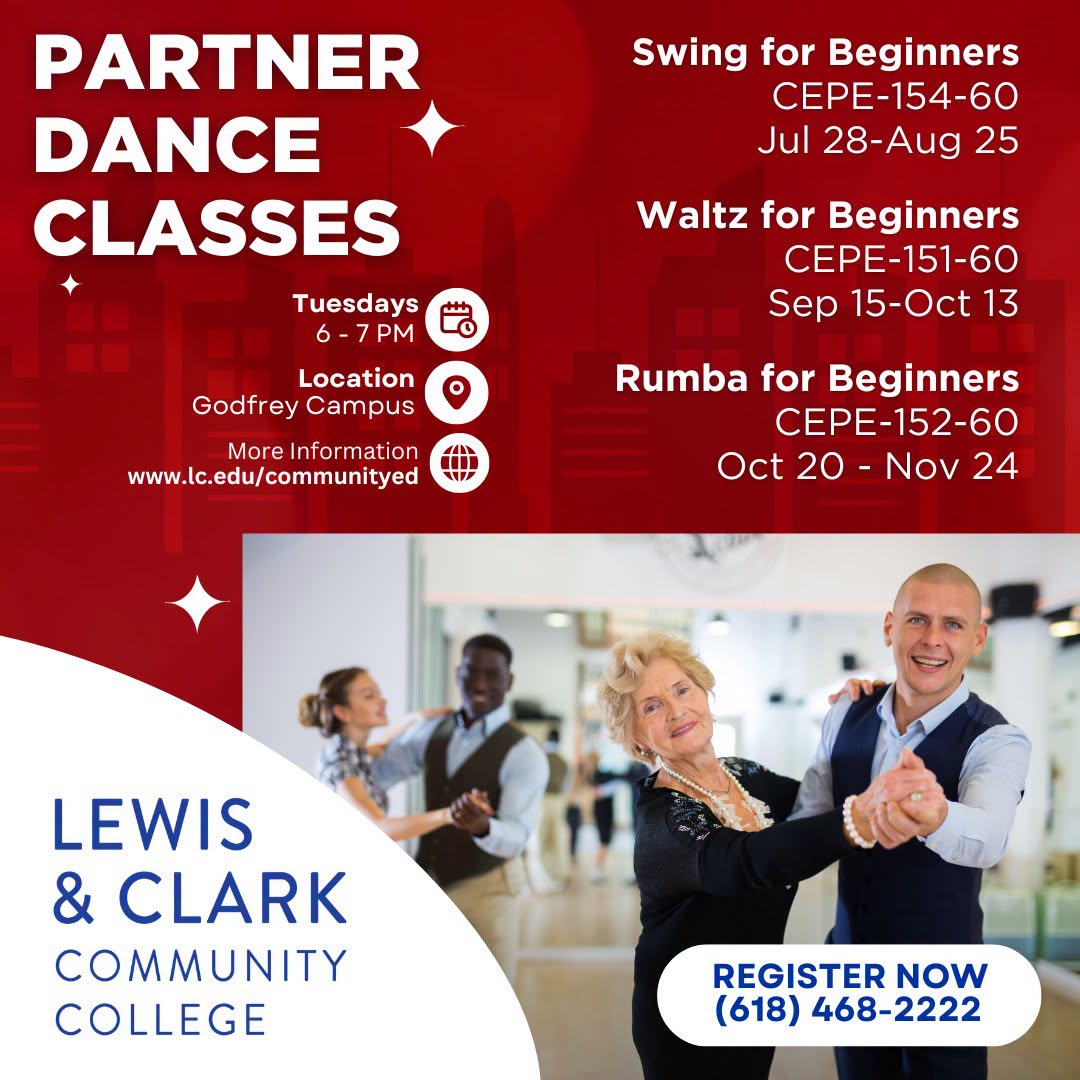 Flyer for Lewis and Clark Community College partner dance classes on Tuesdays at the Godfrey campus, featuring a photo of people dancing and registration information.