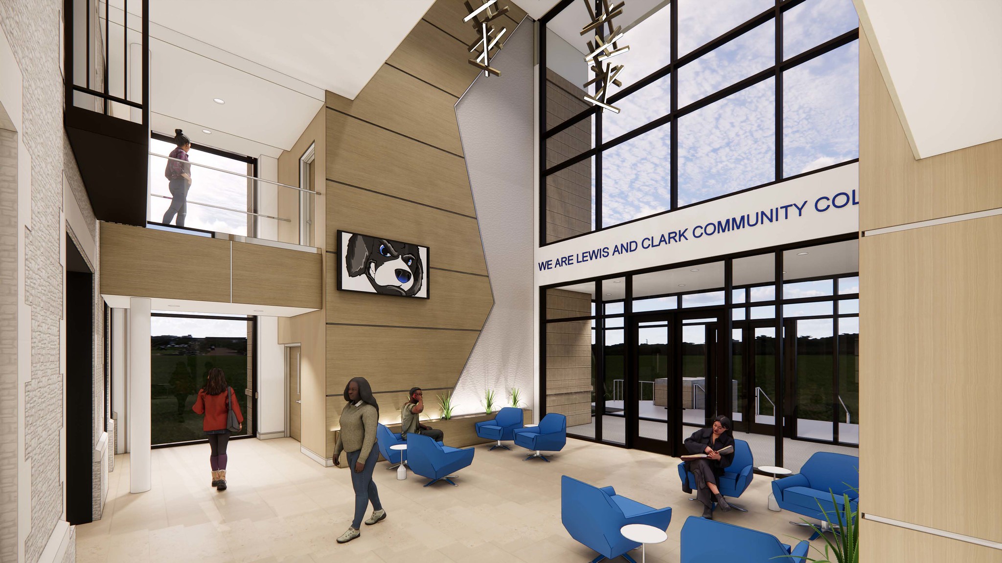 Architectural rendering of a modern, multi-story college lobby with tall glass windows, wood paneling, blue armchairs, and students walking.